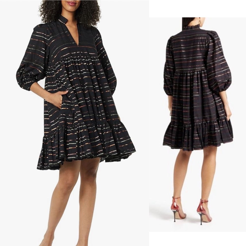 Black Halo Adora Tiered Mini Dress Black Metallic Stripe Size 6
